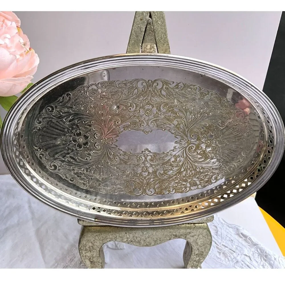 Sheffield Silver Co Vintage oval etched tray pierced sides beautiful